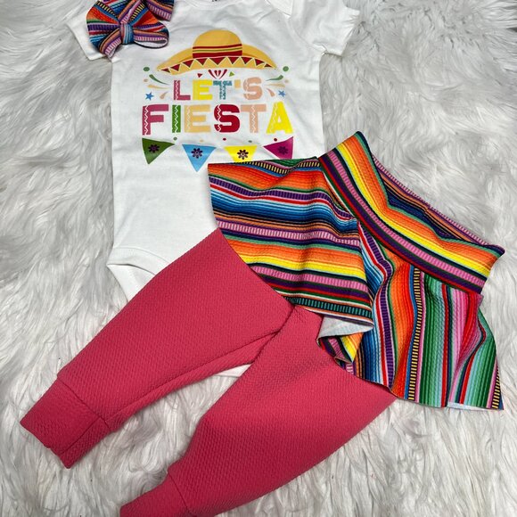 Let's Fiesta, Serape Skirted Leggings Outfit, Piggies and Birthday Shirt 9-12 m - Picture 2 of 7